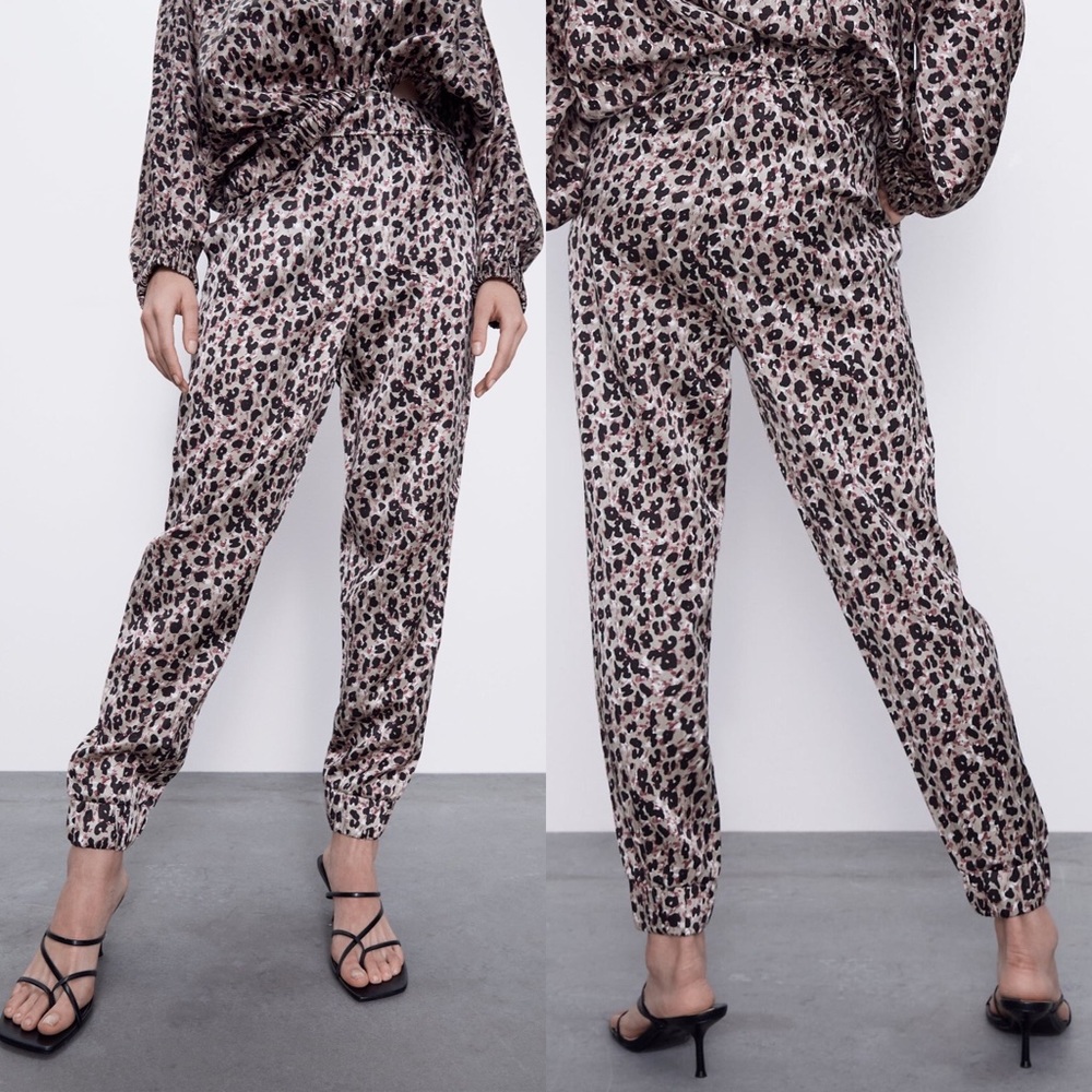 Zara SATIN EFFECT JOGGING PANTS High-Waist Leopard